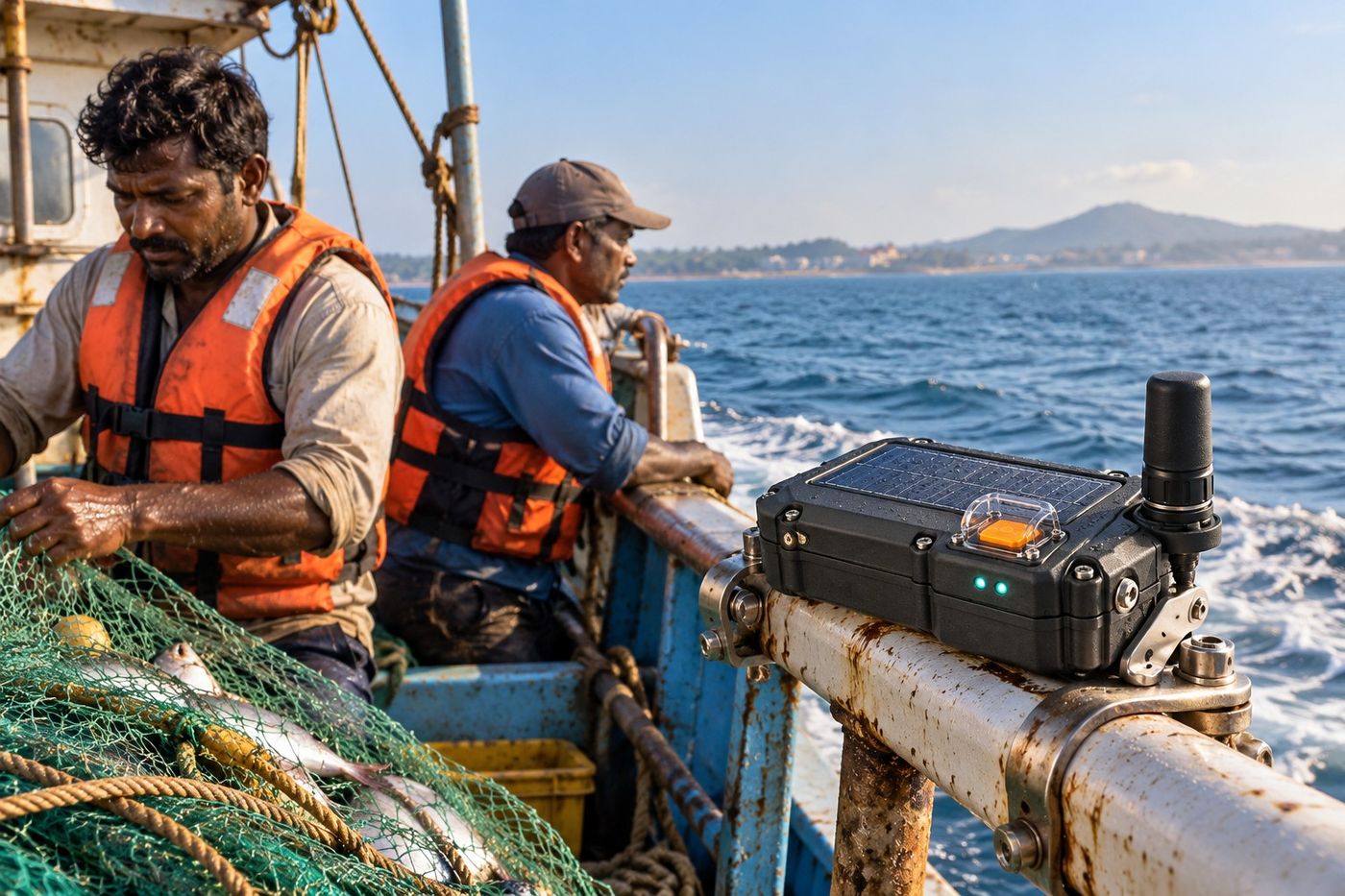 Fishing boat at sea with tracking device (concept)