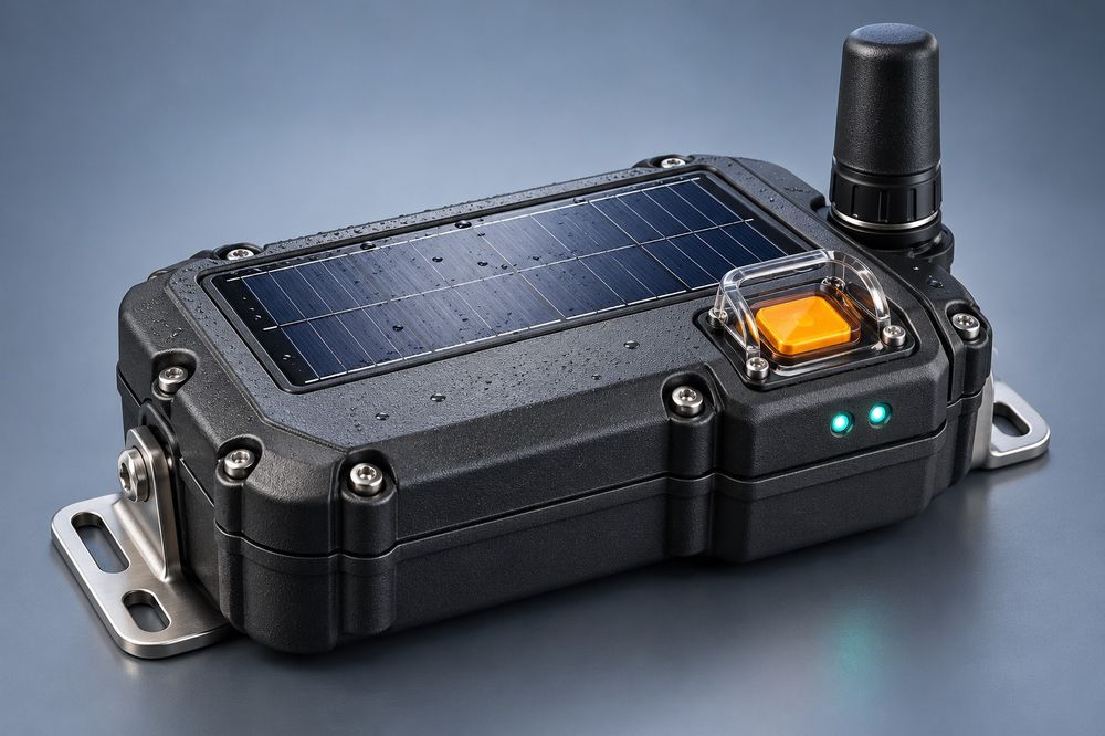 Concept illustration of the SatPrahari device with solar panel, SOS button and antenna